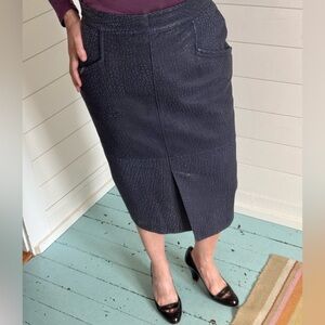 Vintage Leather Pencil Skirt Lined Pickets & Slit Grey Blue Measures Size 6